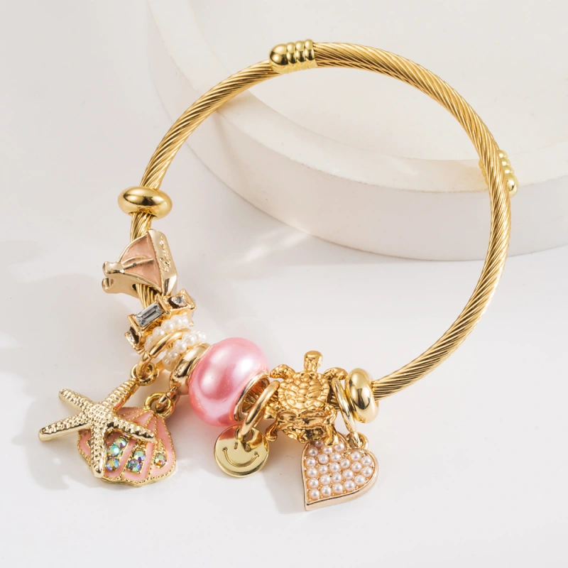Pulsera Pandora de acero inoxidable, estrella de mar de diamantes, colgante de concha, accesorios de aleación, pulsera ajustable, joyería estilo balneario  ACRB/50-309