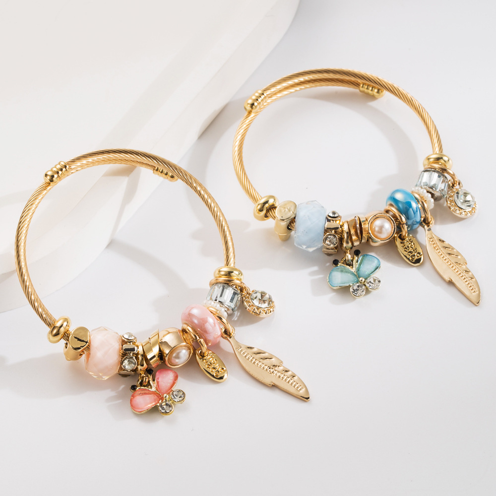 Pandora cuentas personalizadas pulseras de acero inoxidable hojas de diamantes colgantes de mariposa accesorios de aleación pulseras de moda  ACRB/50-306