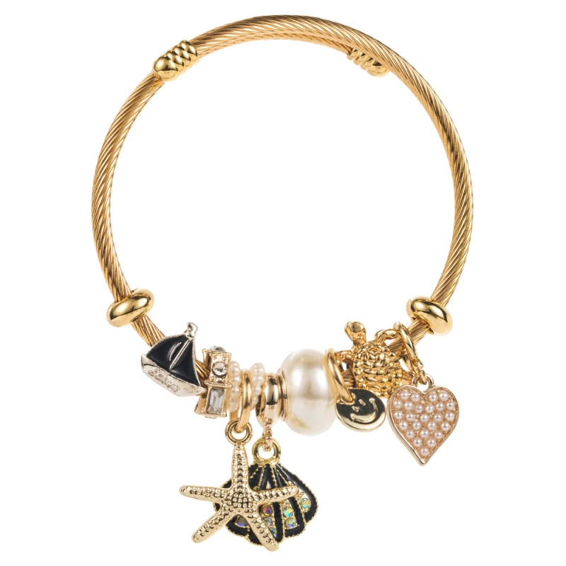 Pulsera Pandora de acero inoxidable, estrella de mar de diamantes, colgante de concha, accesorios de aleación, pulsera ajustable, joyería estilo balneario  ACRB/50-309