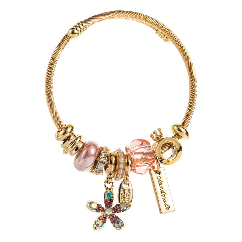 Pandora cuentas doradas personalizadas pulsera de acero inoxidable con incrustaciones de flores y diamantes accesorios de aleación pulsera versátil y ajustable  ACRB/50-308