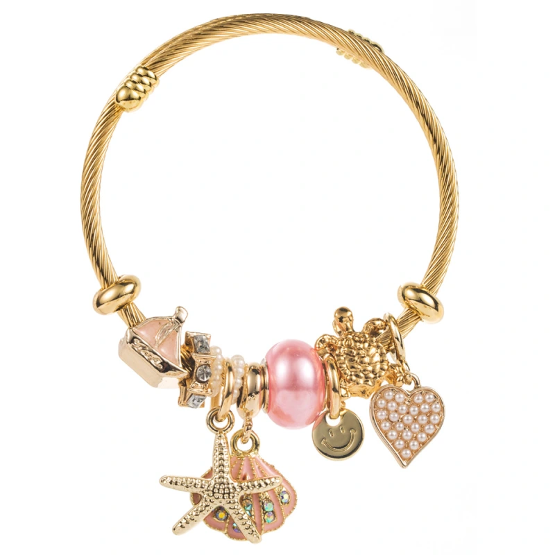Pulsera Pandora de acero inoxidable, estrella de mar de diamantes, colgante de concha, accesorios de aleación, pulsera ajustable, joyería estilo balneario  ACRB/50-309