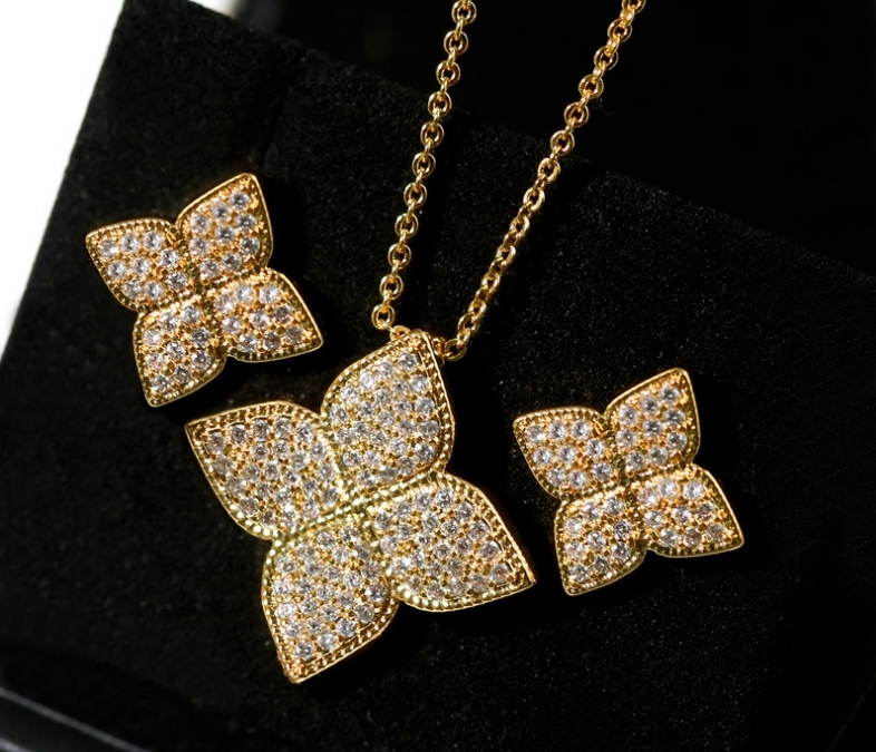 Joyas de cobre, micro engastadas con diamantes, trébol de cuatro hojas, collar y aretes, engastadas con circonitas al por mayor  COPSS/54-312