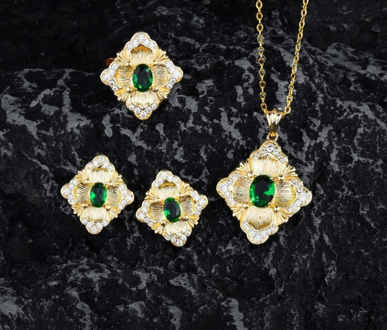 Artesanía de elevación, conjunto de joyas de cobre, esmeralda vintage, pendientes colgantes, anillo de piedras preciosas de colores  COPSS/56-316