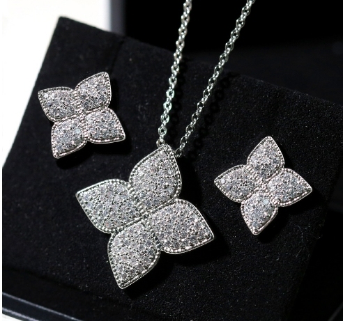 Joyas de cobre, micro engastadas con diamantes, trébol de cuatro hojas, collar y aretes, engastadas con circonitas al por mayor  COPSS/54-312