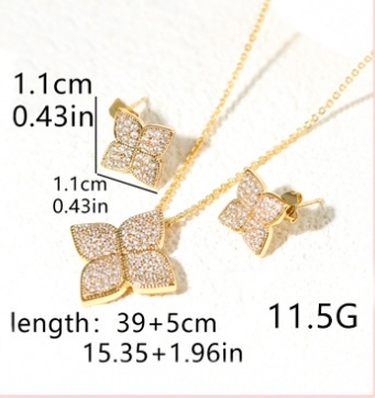 Joyas de cobre, micro engastadas con diamantes, trébol de cuatro hojas, collar y aretes, engastadas con circonitas al por mayor  COPSS/54-312