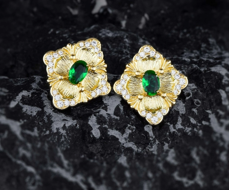 Artesanía de elevación, conjunto de joyas de cobre, esmeralda vintage, pendientes colgantes, anillo de piedras preciosas de colores  COPSS/56-316