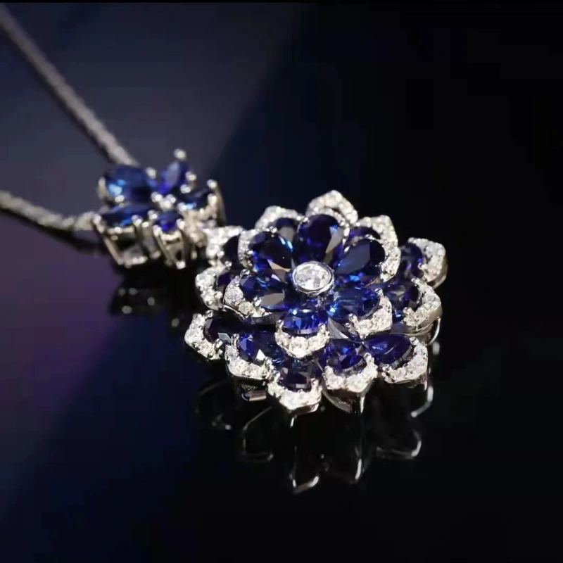 Joyas de cobre, conjunto, aretes y collar de flor inmortal de doble capa, colgante de lujo azul real, aretes de zafiro rojo, anillo de piedras preciosas color esmeralda, circonita micropavé  COPSS/56-319