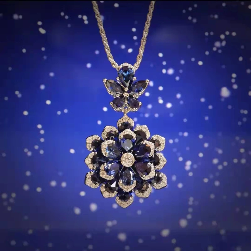 Joyas de cobre, conjunto, aretes y collar de flor inmortal de doble capa, colgante de lujo azul real, aretes de zafiro rojo, anillo de piedras preciosas color esmeralda, circonita micropavé  COPSS/56-319