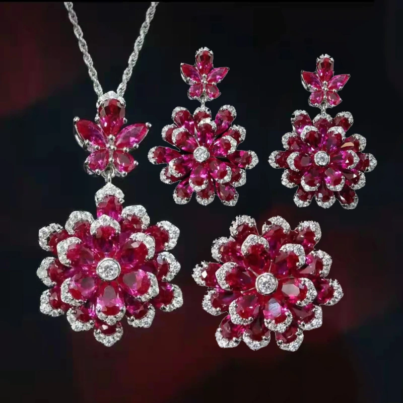 Joyas de cobre, conjunto, aretes y collar de flor inmortal de doble capa, colgante de lujo azul real, aretes de zafiro rojo, anillo de piedras preciosas color esmeralda, circonita micropavé  COPSS/56-319