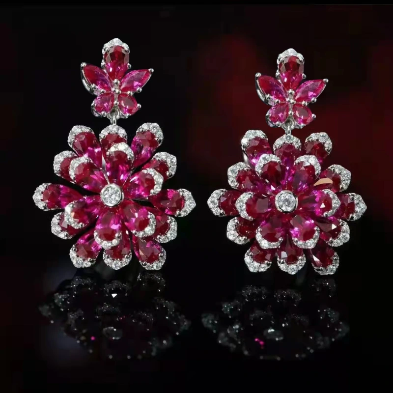 Joyas de cobre, conjunto, aretes y collar de flor inmortal de doble capa, colgante de lujo azul real, aretes de zafiro rojo, anillo de piedras preciosas color esmeralda, circonita micropavé  COPSS/56-319