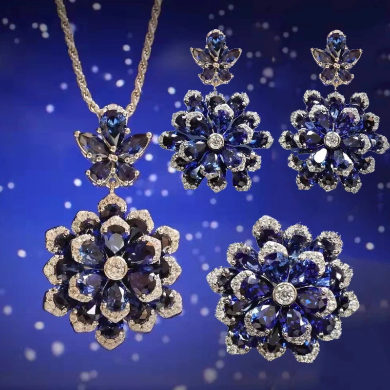 Joyas de cobre, conjunto, aretes y collar de flor inmortal de doble capa, colgante de lujo azul real, aretes de zafiro rojo, anillo de piedras preciosas color esmeralda, circonita micropavé  COPSS/56-319