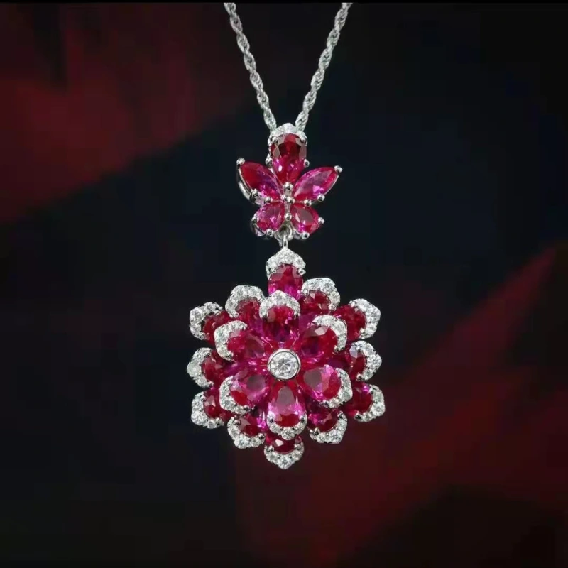 Joyas de cobre, conjunto, aretes y collar de flor inmortal de doble capa, colgante de lujo azul real, aretes de zafiro rojo, anillo de piedras preciosas color esmeralda, circonita micropavé  COPSS/56-319