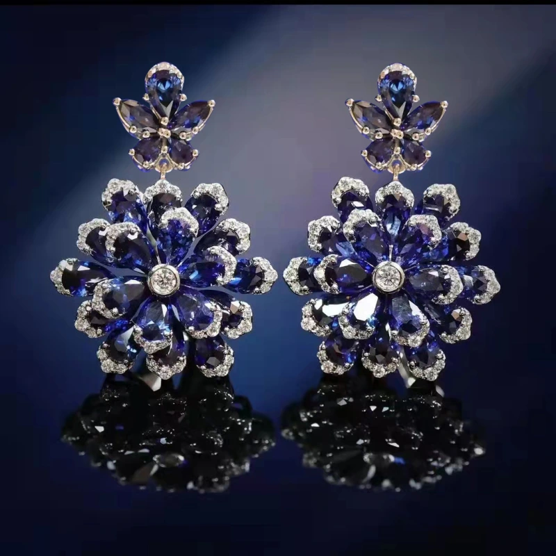 Joyas de cobre, conjunto, aretes y collar de flor inmortal de doble capa, colgante de lujo azul real, aretes de zafiro rojo, anillo de piedras preciosas color esmeralda, circonita micropavé  COPSS/56-319
