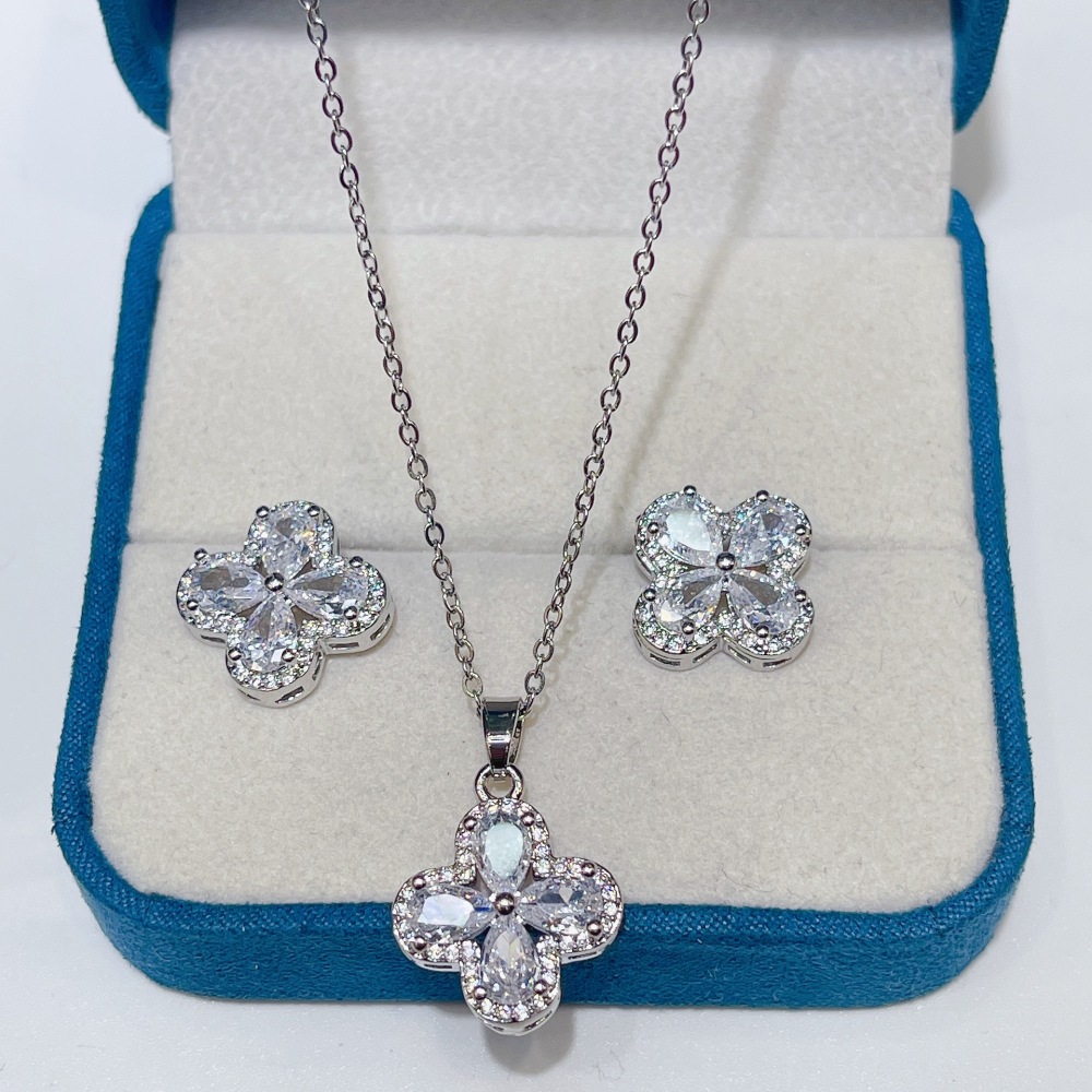 Joyería de cobre, flor de cuatro hojas, gota de agua, incrustaciones de cobre con pendientes de circón, collar, conjunto de dos piezas, conjunto de temperamento de alta gama  COPSS/58-338