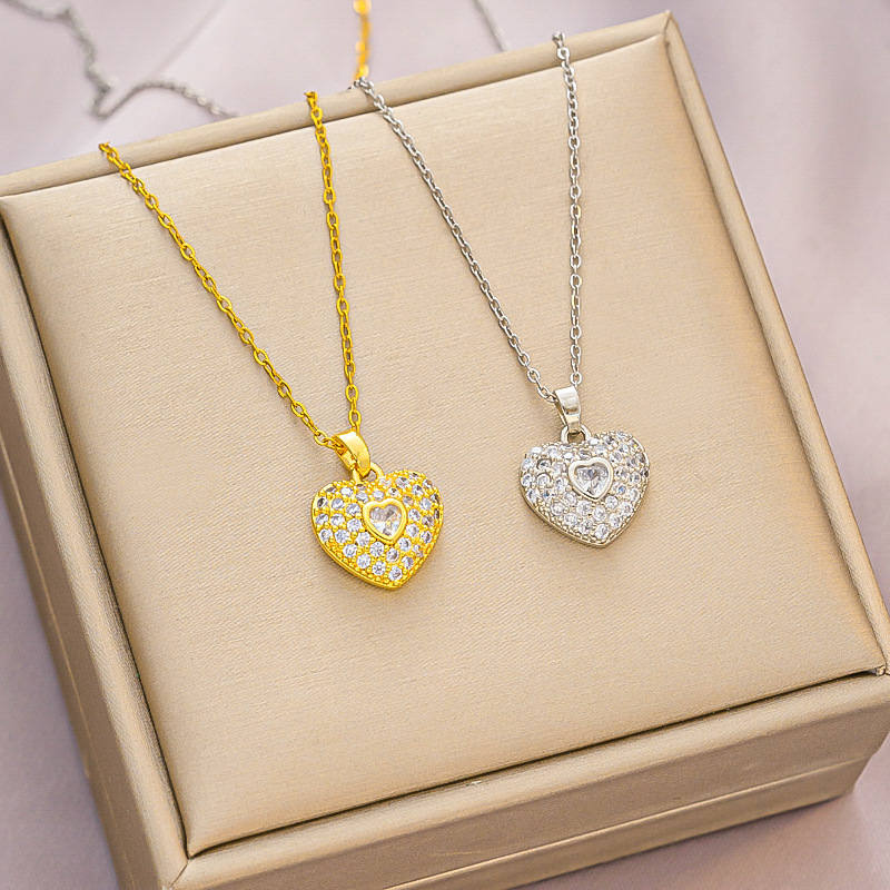 Joyería de cobre, personalidad a la moda, circonita de corazón brillante, pendientes, collar, conjunto de dos piezas  COPSS/64-337