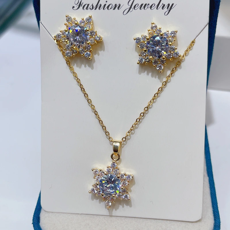 Joyas de cobre, copo de nieve de cobre con incrustaciones de circonitas, pendientes y collar, conjunto de dos piezas, moda de alta gama, conjunto al por mayor  COPSS/58-339