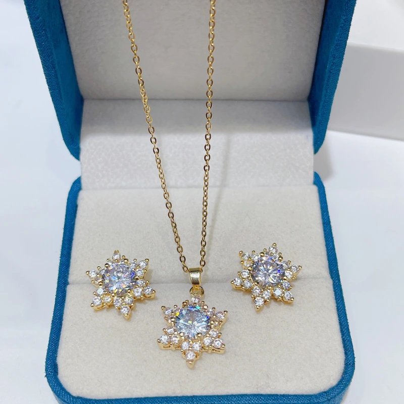 Joyas de cobre, copo de nieve de cobre con incrustaciones de circonitas, pendientes y collar, conjunto de dos piezas, moda de alta gama, conjunto al por mayor  COPSS/58-339
