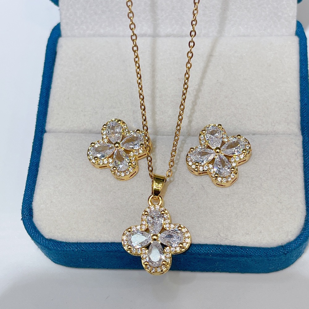 Joyería de cobre, flor de cuatro hojas, gota de agua, incrustaciones de cobre con pendientes de circón, collar, conjunto de dos piezas, conjunto de temperamento de alta gama  COPSS/58-338