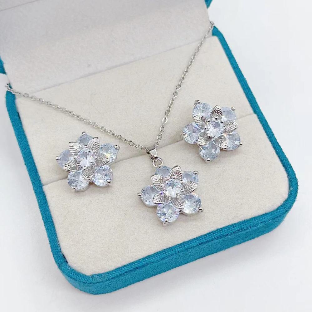 Conjunto de dos piezas de collar y pendientes de circonita redonda de girasol brillante de alta gama con joyería de cobre  COPSS/58-334