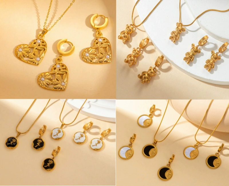 Acero inoxidable / Corazon / Estrella y luna / Oso / Rosas / juego / Collar / Aretes ACRSS/192-360