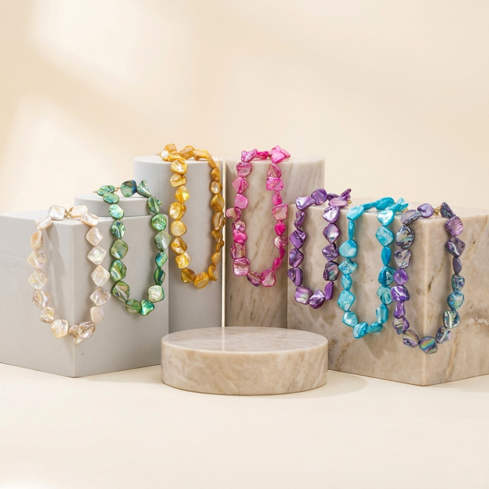 Conchas naturales / Fragmentos de concha / Piedra triturada / Ágata / Serie Océano / Collar