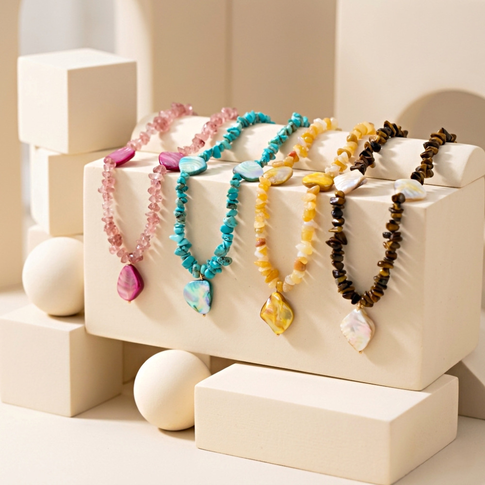 Conchas naturales / Fragmentos de concha / Piedra triturada / Ágata / Serie Océano / Collar