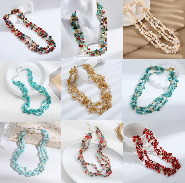 Concha natural / Irregular / Piedra triturada / Cadena para suéter multicapa / 50 cm / Collar