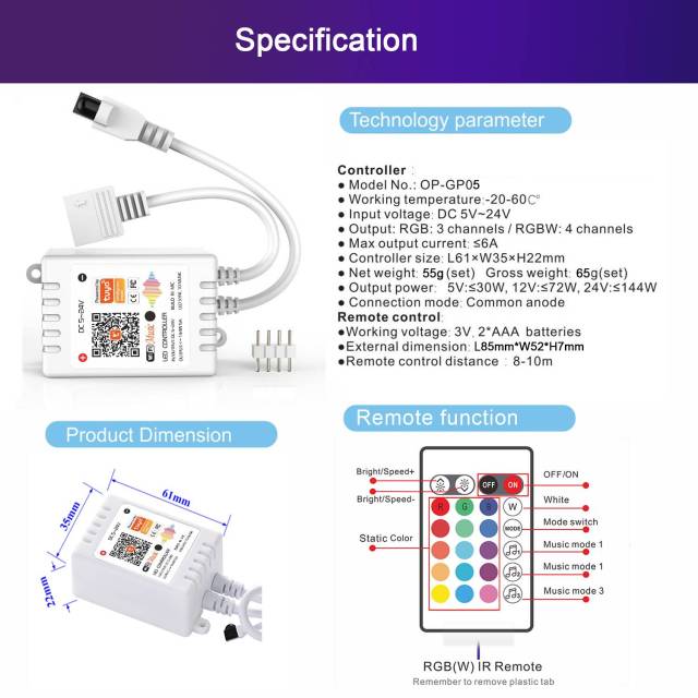 Tuya WiFi MUSIC IR 24 keys RGB RGBW LED Controller