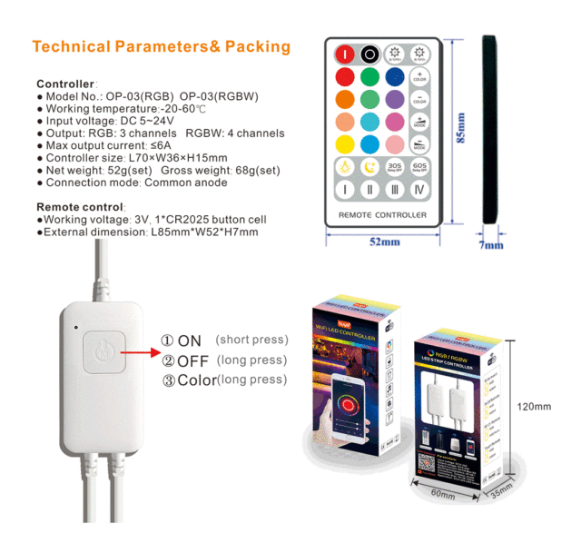 Tuya Wifi 28 keys RGB(W) led controller (with 1 button)