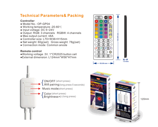 Tuya Wifi 44 keys Music RGB(W) led controller