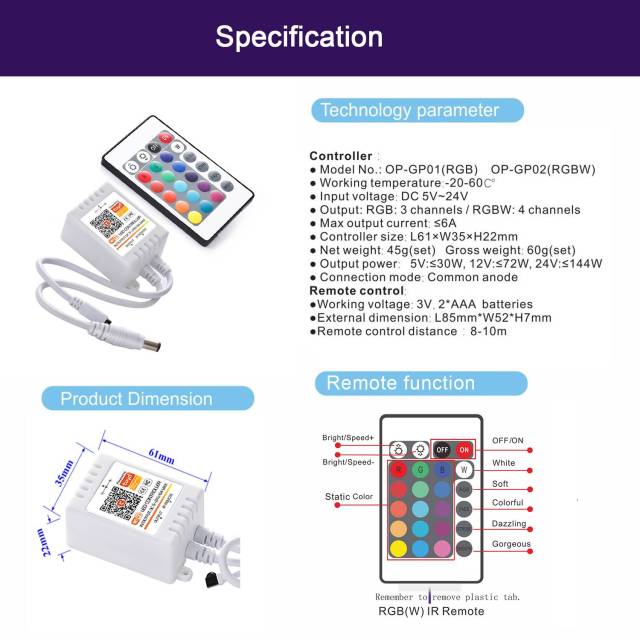 Tuya WiFi  IR 24 keys RGB RGBW LED Controller