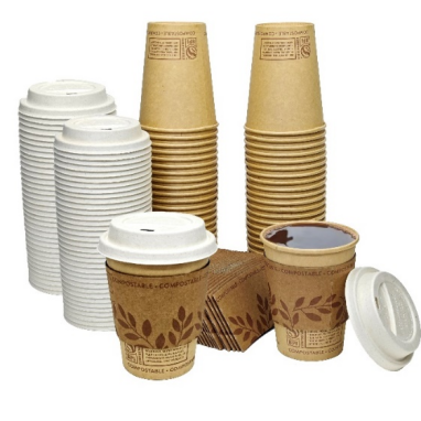 TG-COMPOSTABLE 12oz Coffee Paper Cups/lid/sleeves 50set