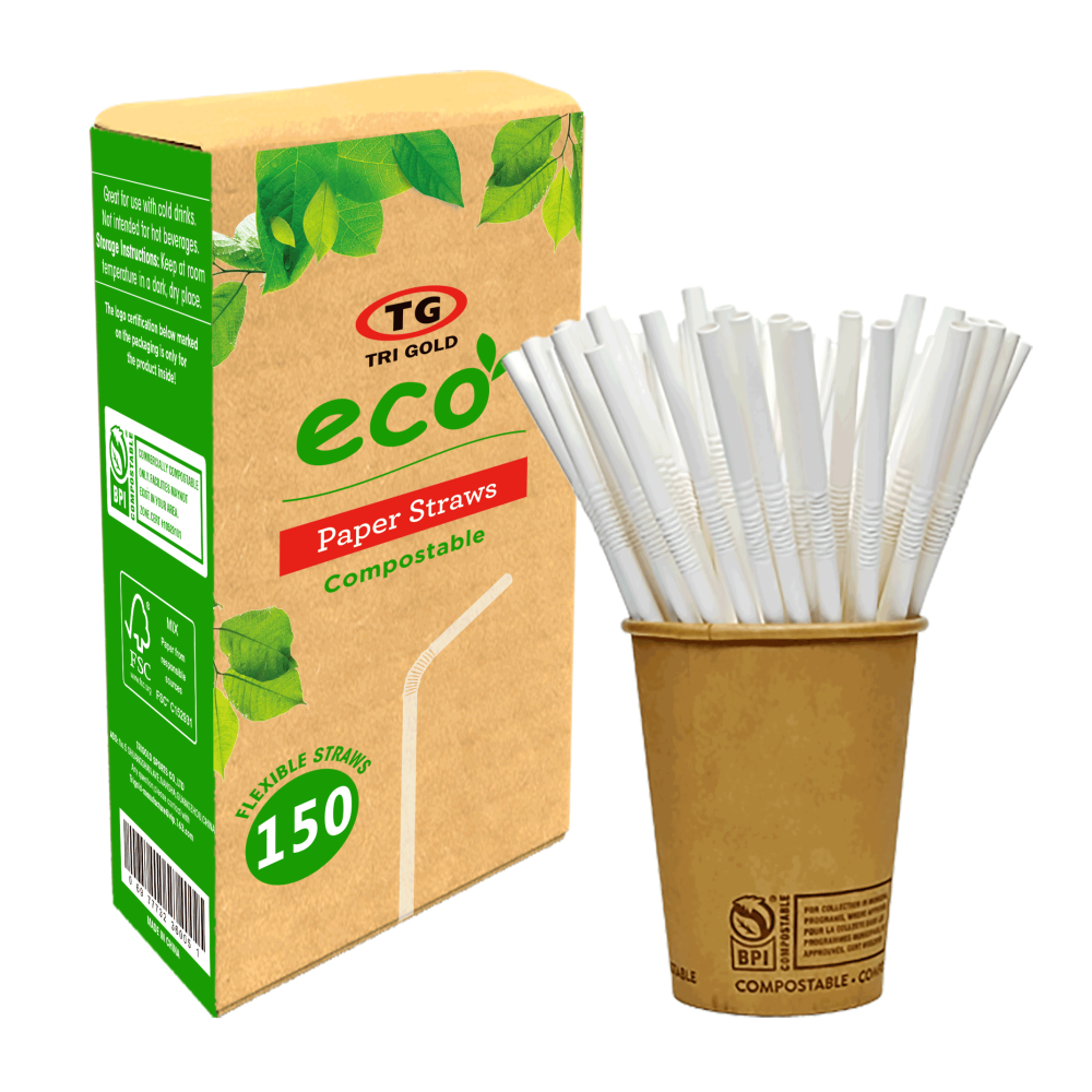 TG TRIGOLD Flexible Paper Straws Compostable and induviduale Paper Individual Wrap  Φ6*197mm 150 Counts