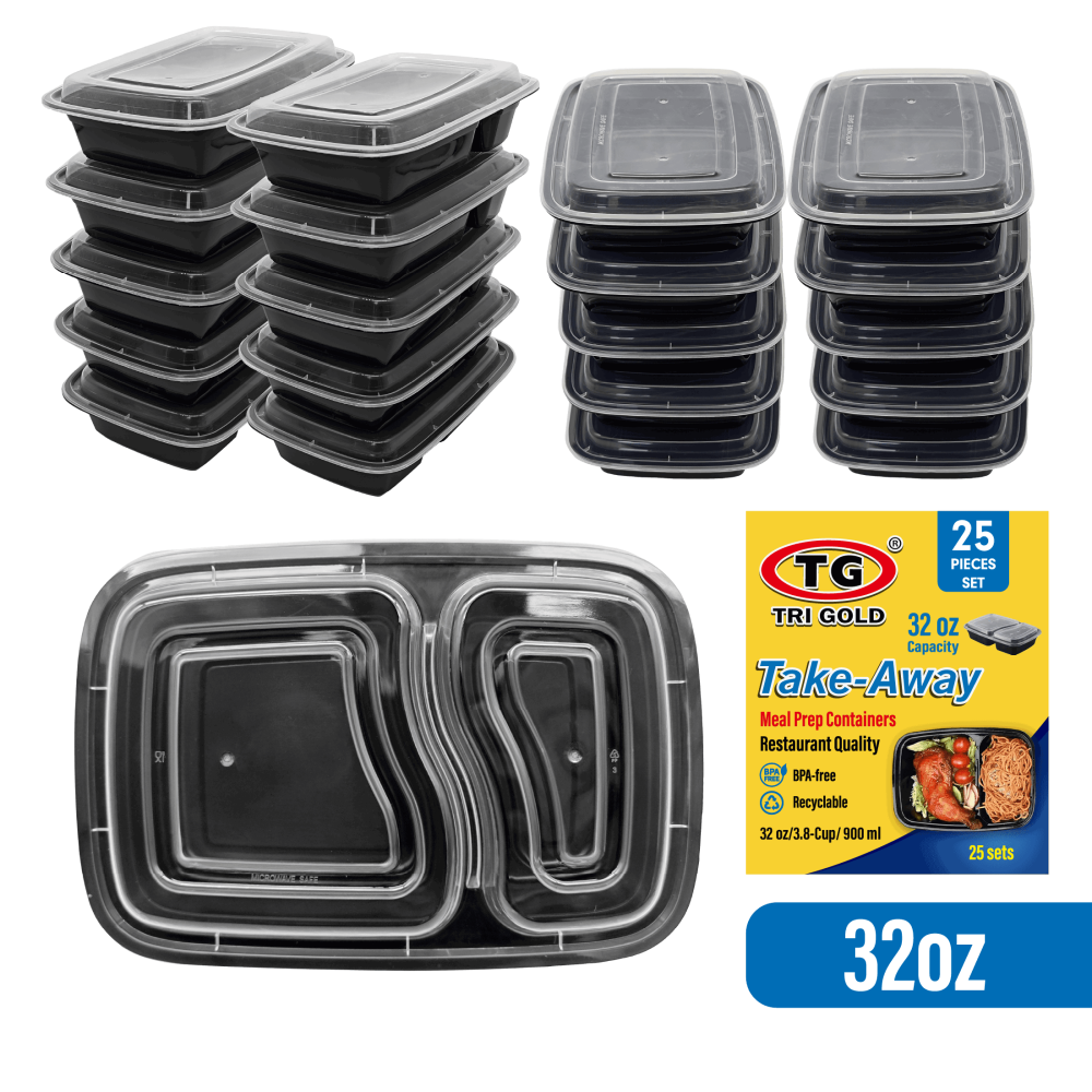TG TRIGOLD Rec 2 Compartment Meal Prep Container 32oz 25set,Black