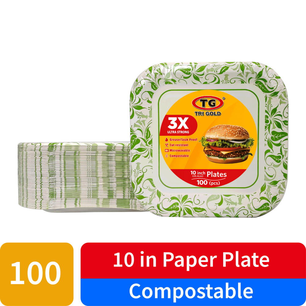 TG TRIGOLD Paper Plate 10'' 100ct,Disposable Plate,Square Shape,Green Printed