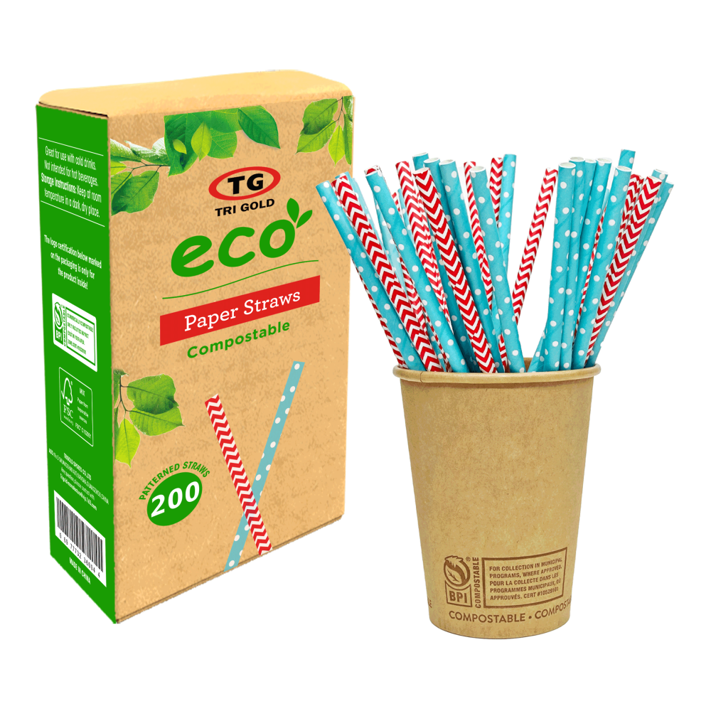 TG TRIGOLD Patterned Paper Straws Φ6*197mm Compostable Mixed 200cts