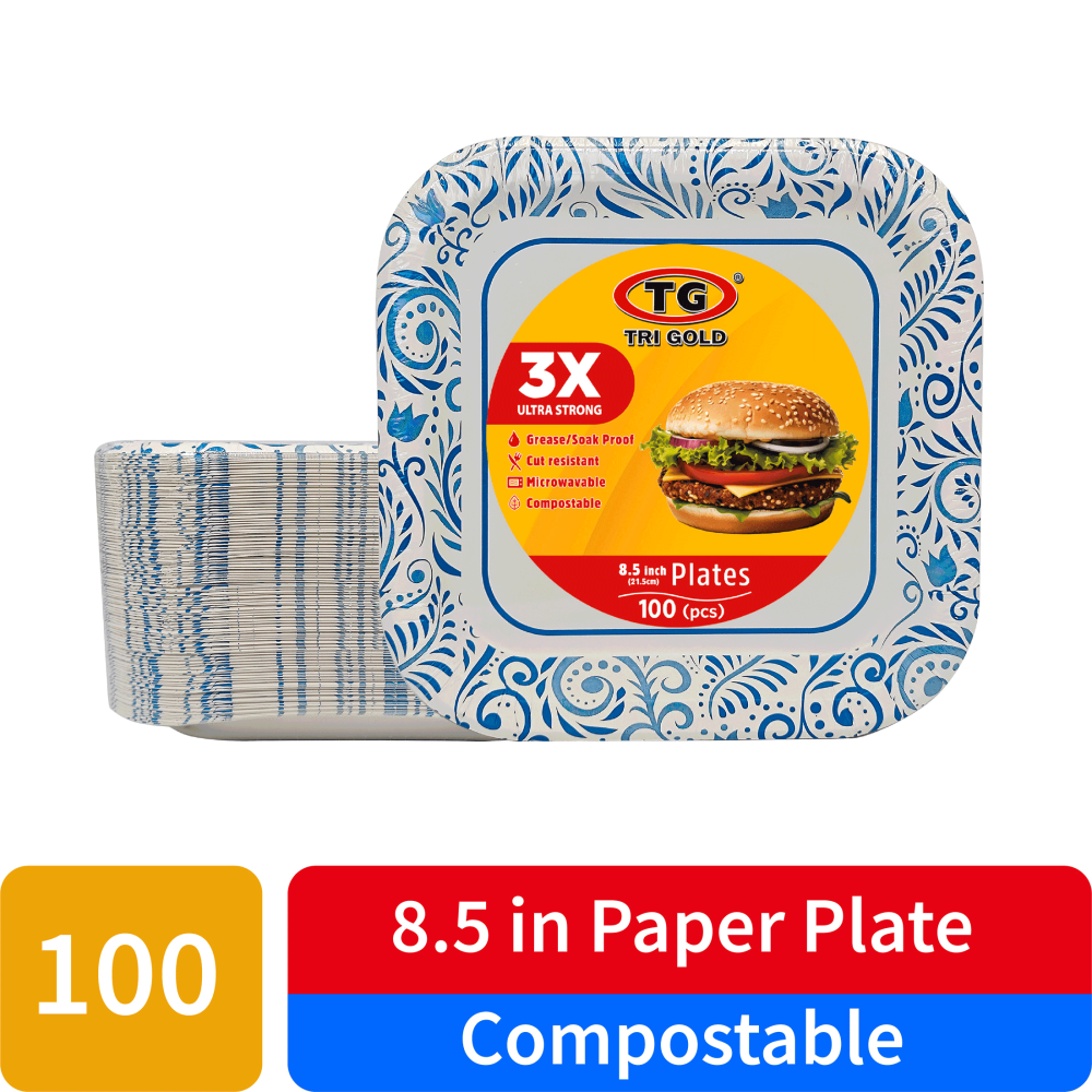 TG TRIGOLD Paper Plate 8.5'' 100ct,Disposable Plate,Square Shape,Blue Printed