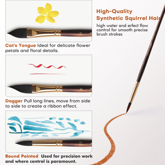 10pcs Soft Synthetic or Squirrel Hair Round Pointed Bristle Watercolor Paint Brush Set