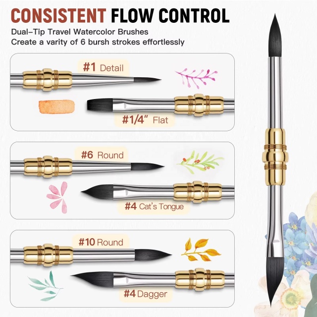 Premium 3PCS Dual Tip Travel Watercolor Brush Set Silver Metal Synthetic Squirrel Hair for Artists