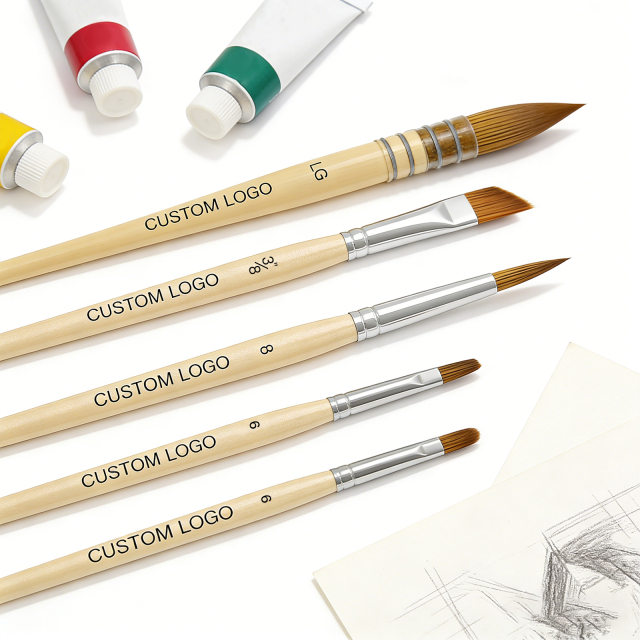Fontainebleau 5PCS Synthetic Acrylic Paint Brush Set with Custom Logo Wooden Handle Round Flat Filbert Angle Brush Set