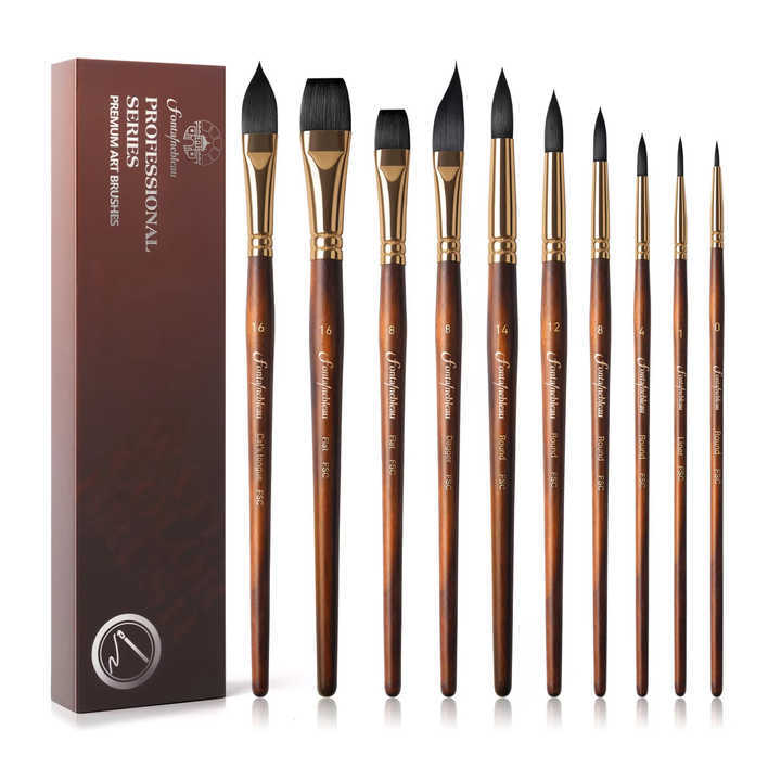 10pcs Soft Synthetic or Squirrel Hair Round Pointed Bristle Watercolor Paint Brush Set