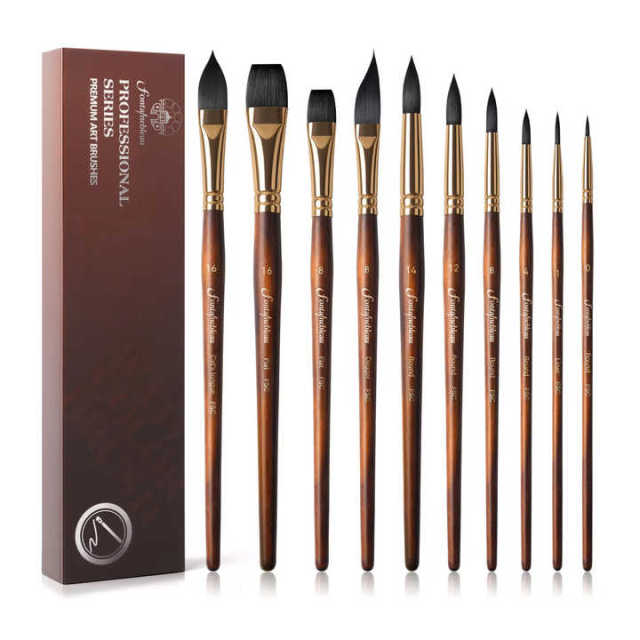 10pcs Soft Synthetic or Squirrel Hair Round Pointed Bristle Watercolor Paint Brush Set