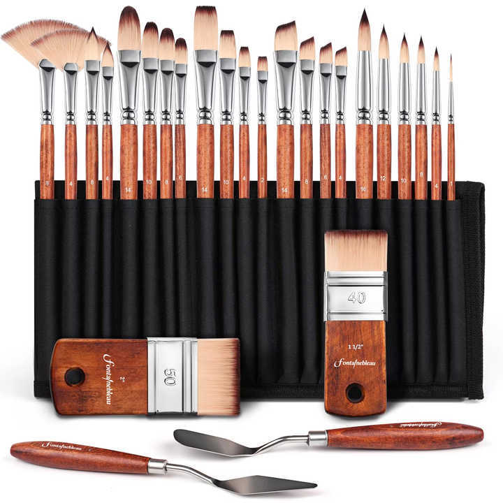 26pcs Artist Paint Brush Set Multi-Shape Nylon Hair for Watercolor Acrylic Oil Painting Custom Logo Wooden Handle