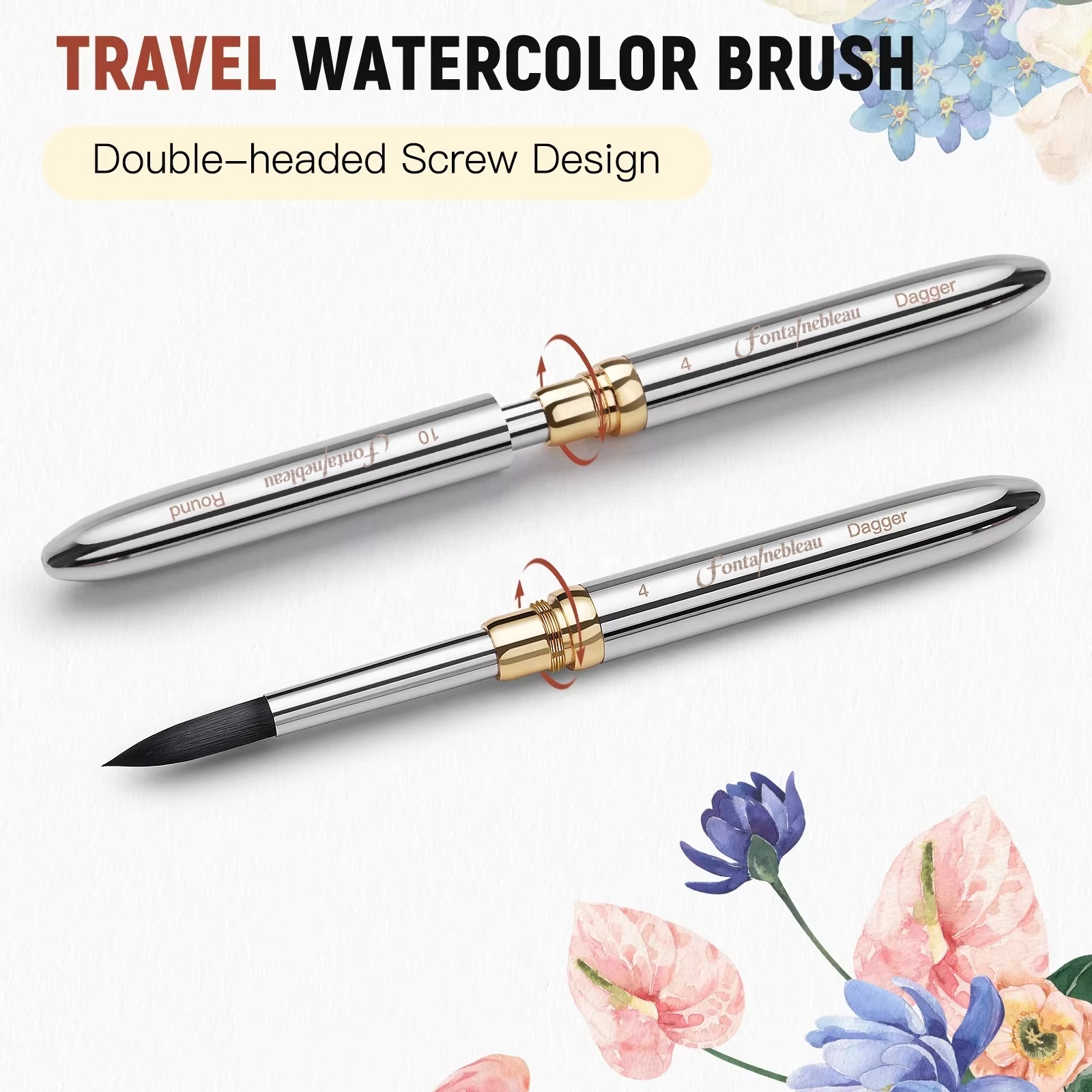 Premium 3PCS Dual Tip Travel Watercolor Brush Set Silver Metal Synthetic Squirrel Hair for Artists