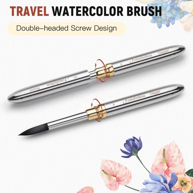 Premium 3PCS Dual Tip Travel Watercolor Brush Set Silver Metal Synthetic Squirrel Hair for Artists