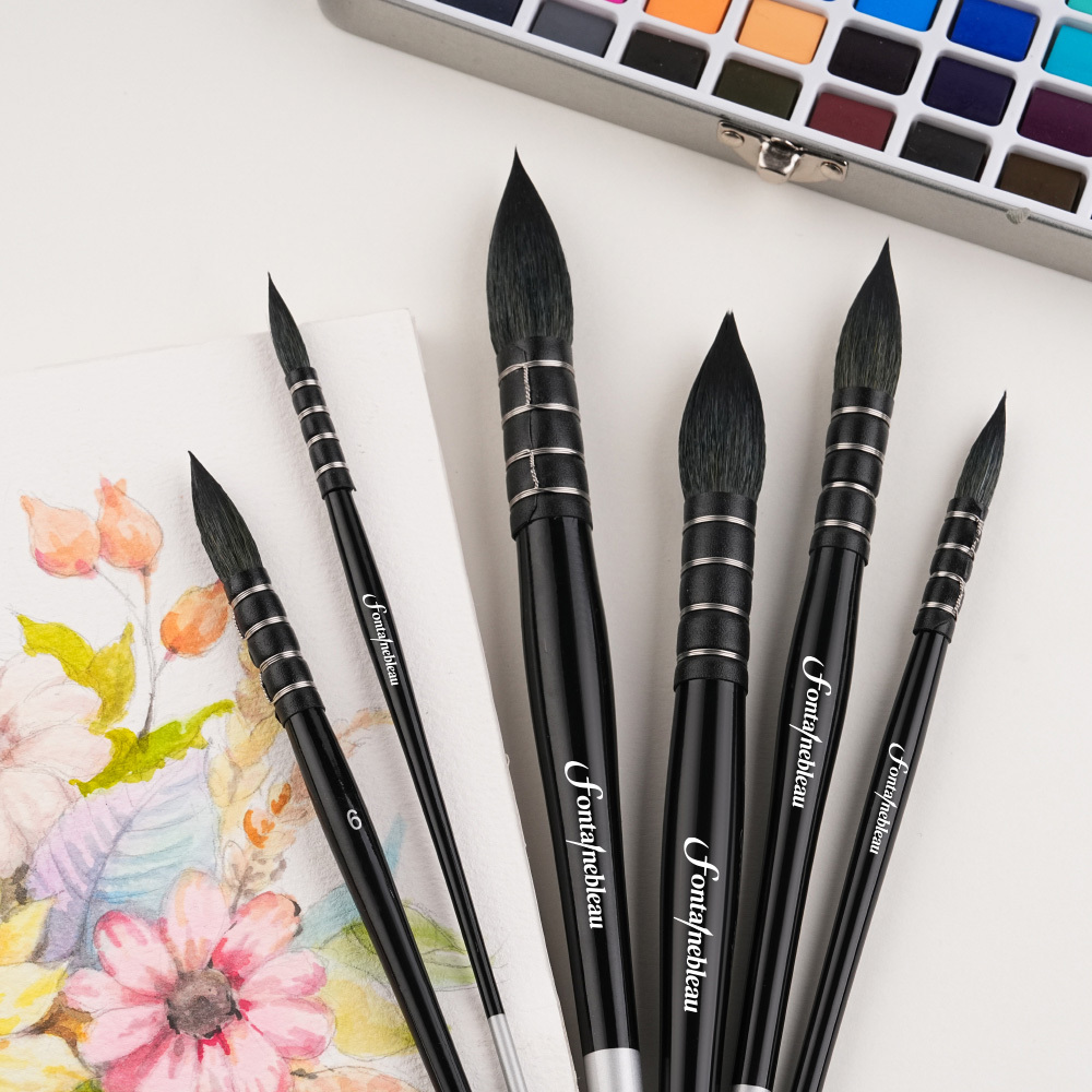 High-Quality 6PCS Squirrel Hair Watercolor Brush Set Soft Luxurious Hair Black Wooden Handle Artist Paint Brushes