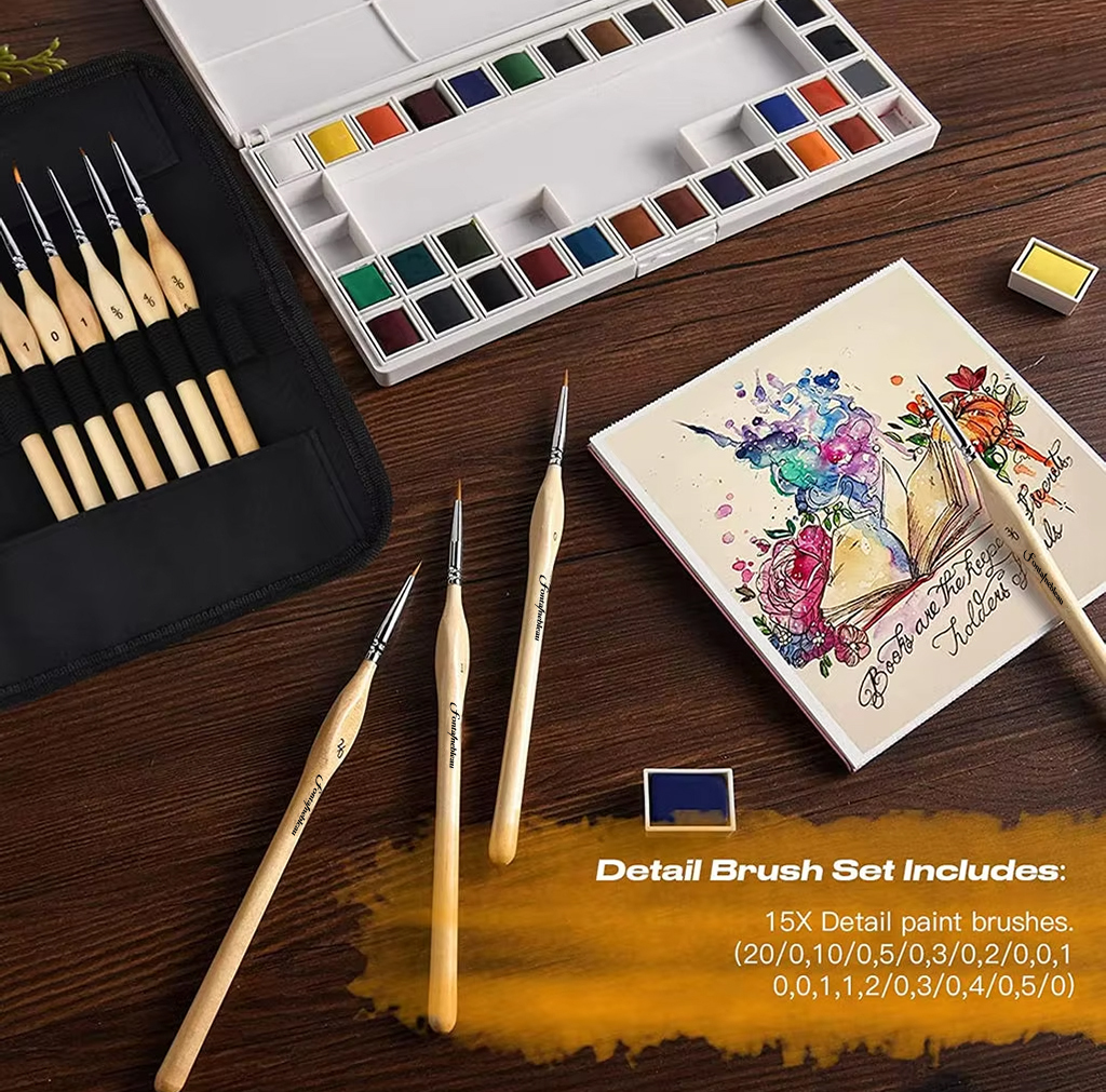 15pcs Professional Nylon Hair Fine Line Oil Acrylic Painting Brush Wood Handle Detail Miniature Paint Brush
