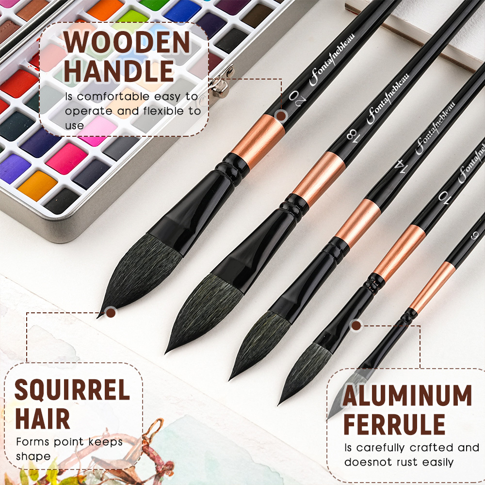 Fontainebleau Elegant 5pcs Cat's Tongue Squirrel Hair Art Paint Brush Watercolor Paint Brush for Artist Painting Brushes