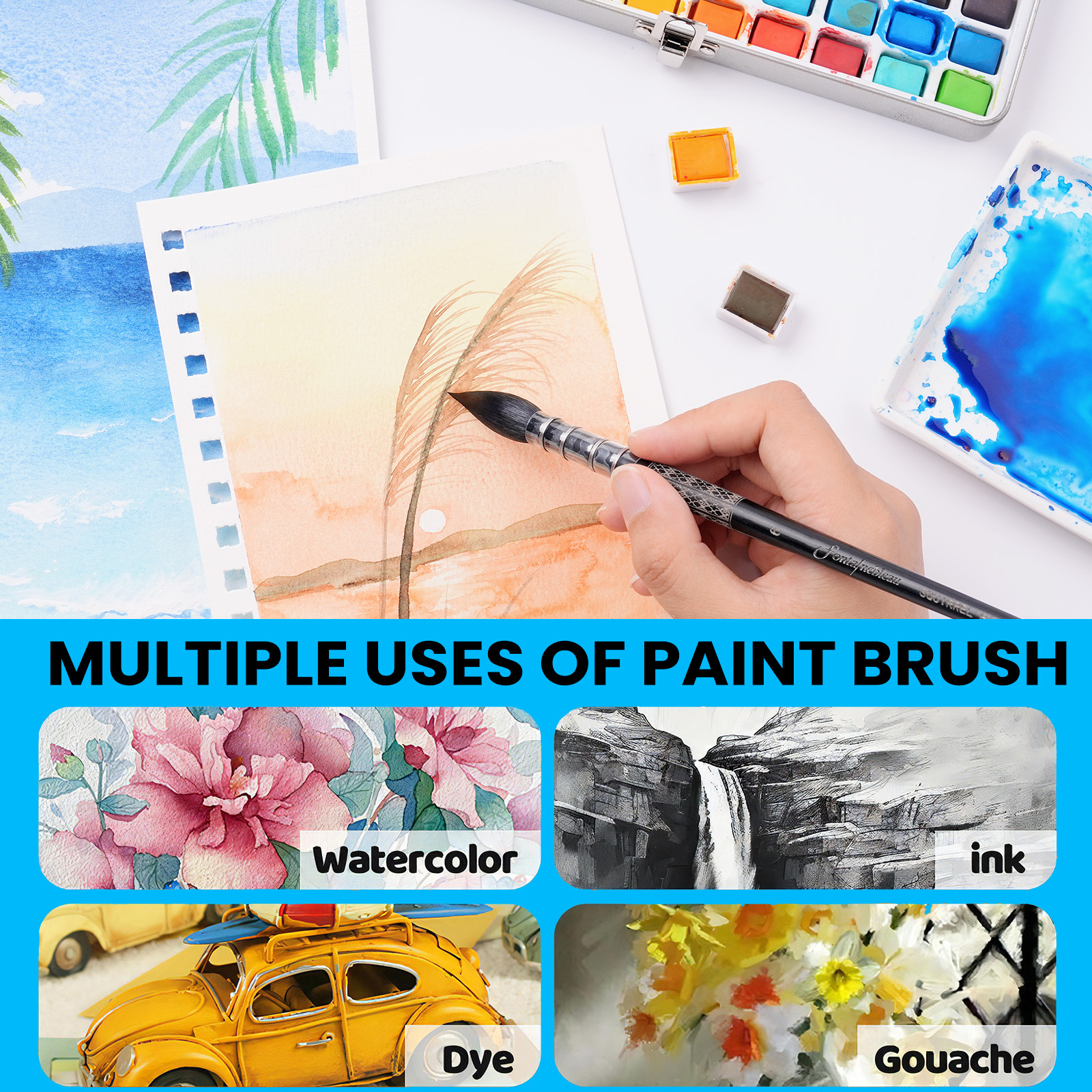 Fontainebleau Professional Watercolor Brush Artist Paint Brush Natural Squirrel Hair Soft Absorbent Wooden Handle Paint Brush