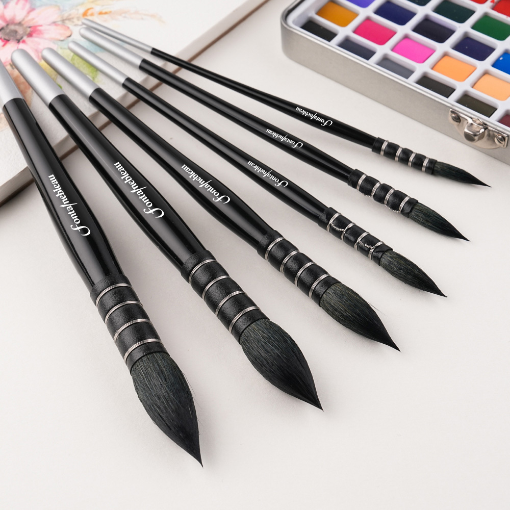 High-Quality 6PCS Squirrel Hair Watercolor Brush Set Soft Luxurious Hair Black Wooden Handle Artist Paint Brushes